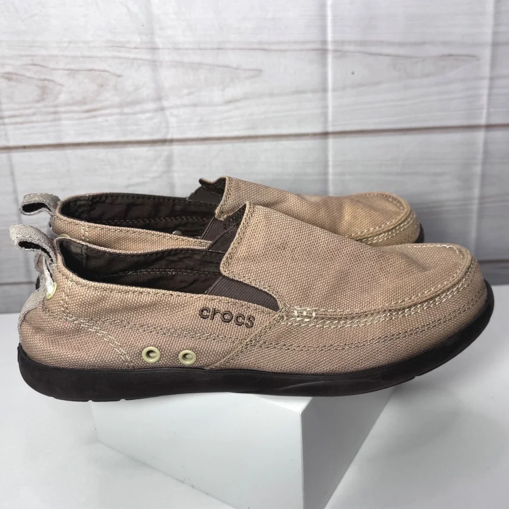 Crocs Boat Santa Cruz Men's Khaki Canvas Slip On Loafers Shoes M9 Casual Brown